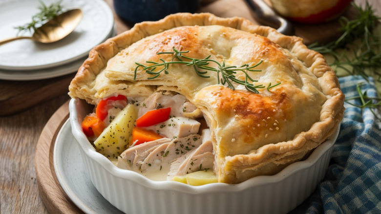 Chicken pot pie in a white ceramic baking dish