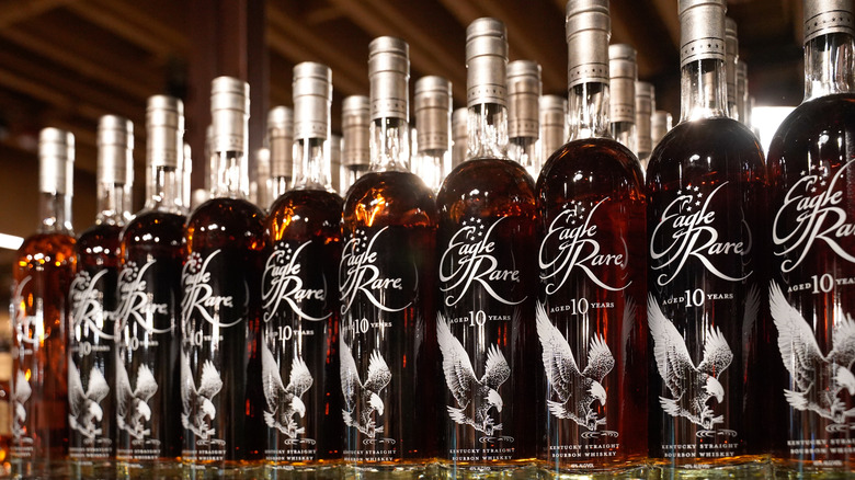 Bottles of Eagle Rare 10-Year-Old bourbon on a shelf at a store