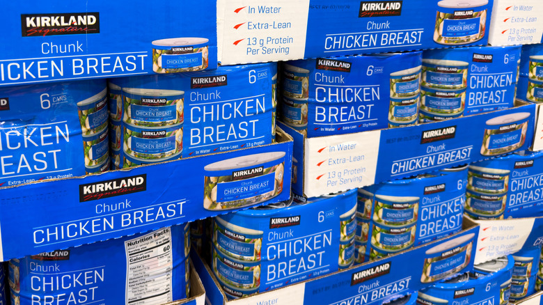 Overhead view of an open can of Kirkland Signature Chicken Breast