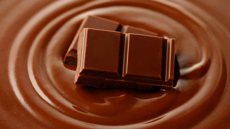 Close-up photo of chocolate squares on top of a pool of rippled melted chocolate