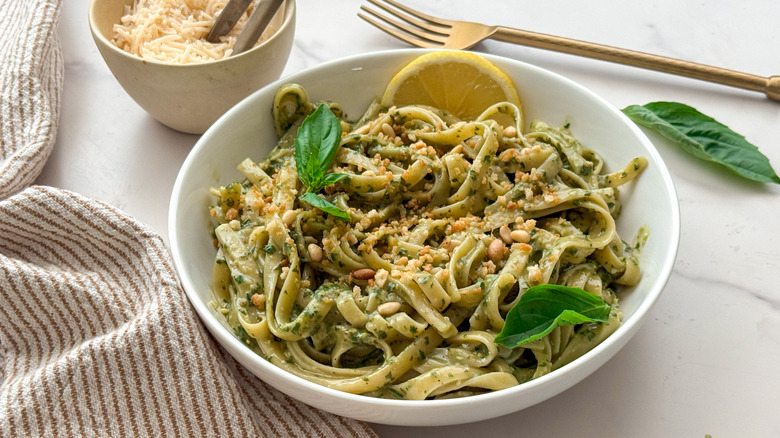 bowl of pesto pasta