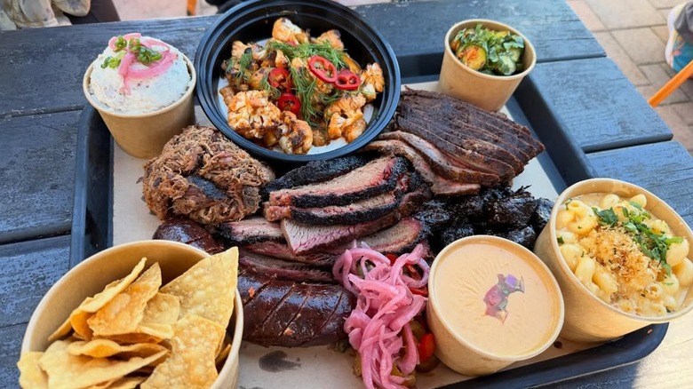 A platter of meats and sides from Heritage Barbecue