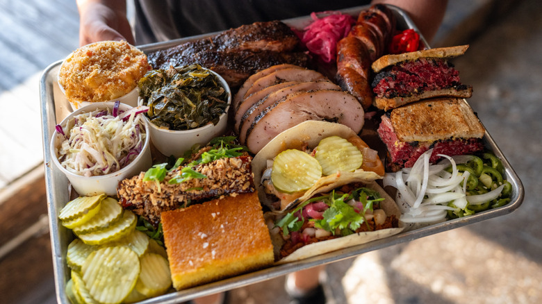 A platter of meats and sides from Hometown Bar-B-Que