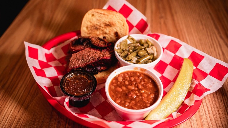 A brisket sandwich and sides from Fatback's Barbecue