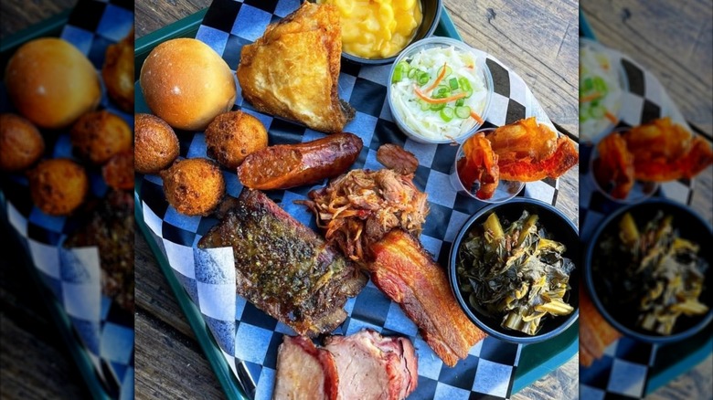 A tray of meat and sides from Barbecue Exchange