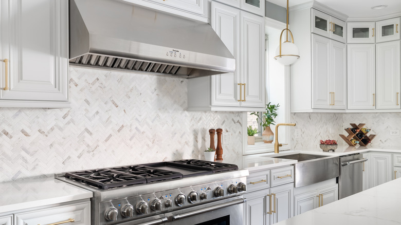 A beautiful kitchen outfitted with a sleek Thermador oven and range.