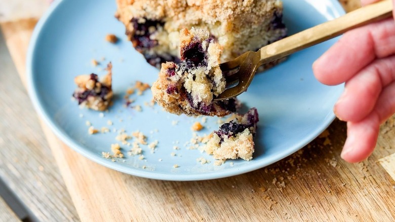 Close up of slice of old-fashioned blueberry crumb cake on plate and fork